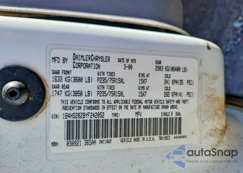 2000 Dodge Durango z USA, uszkodzony, nr VIN 1B4HS28Z8YF242052